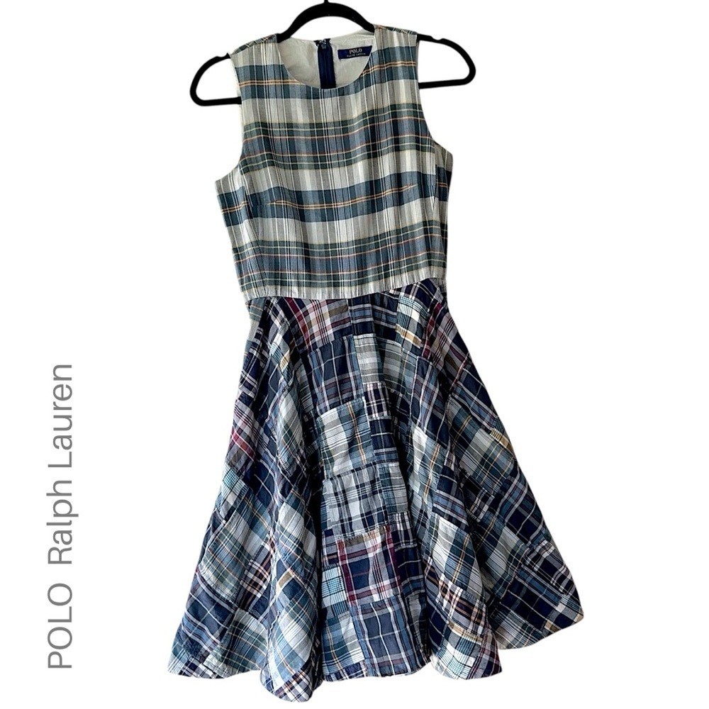 POLO RALPH LAUREN NWOT SLEEVELESS MADRAS FIT & FLARE DRESS COTTON PATCHWORK SZ 0